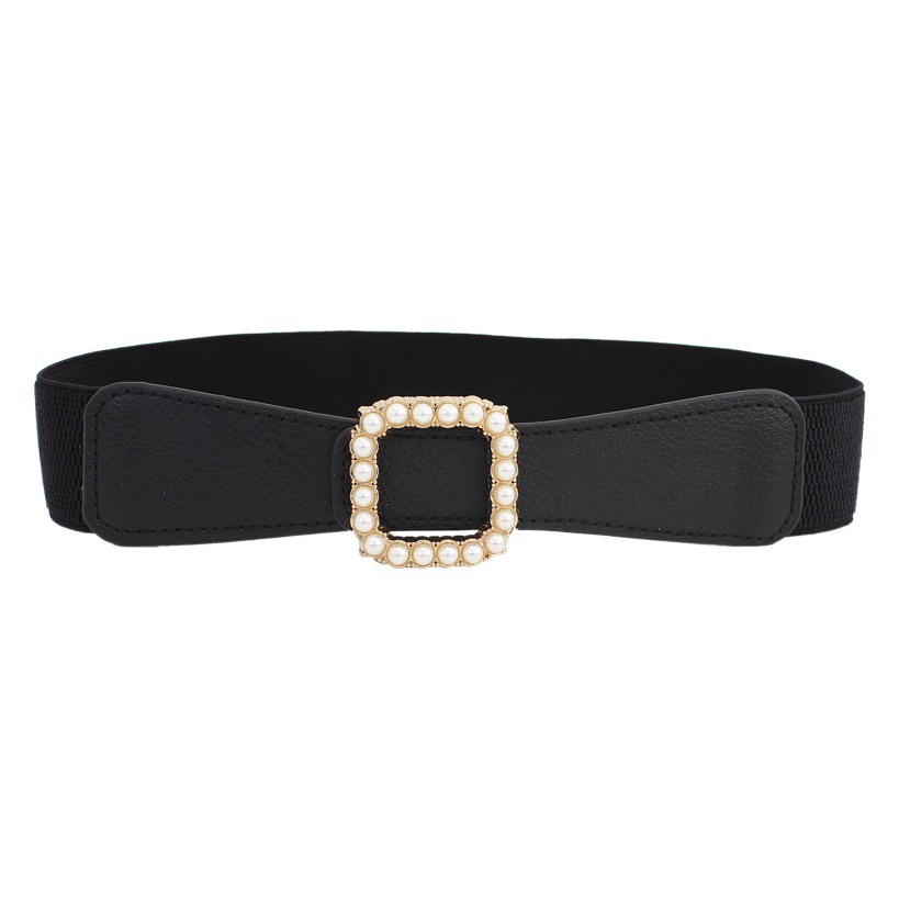 Square Pearl Inlay Smooth Buckle Elastic Belt Women's Dress All-match Decorative Elastic Thin Waist Seal Three Size