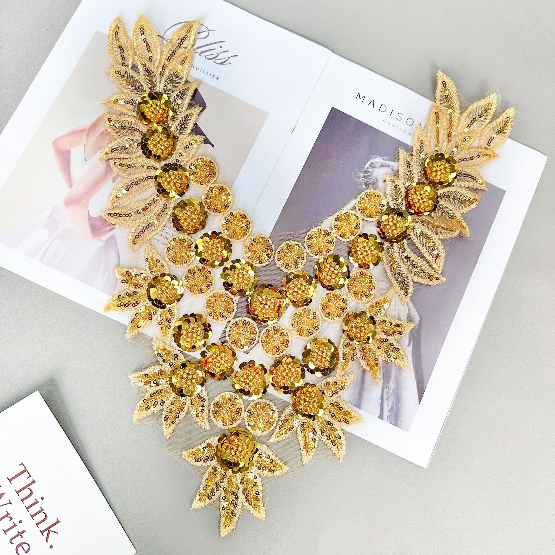 Picture of Organza Heavy Industry Embroidered Beads Sequins Placket Front Collar New Wedding Dress DIY Jewelry Accessories Factory Outlet