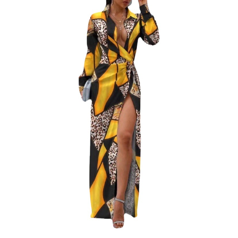 Cross-Border Foreign Trade Women's Popular Slit Long Skirt Amazon Aliexpress Cross-Border Lace-Up Long-Sleeved Printed Dress for Women