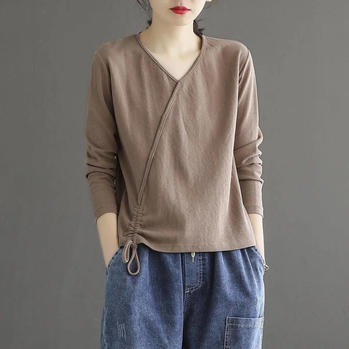 V-Neck Large Size Long-Sleeved Base Shirt Women's Autumn and Winter All-Match Casual Loose Pat Sister Drawstring Retro Top T-Shirt
