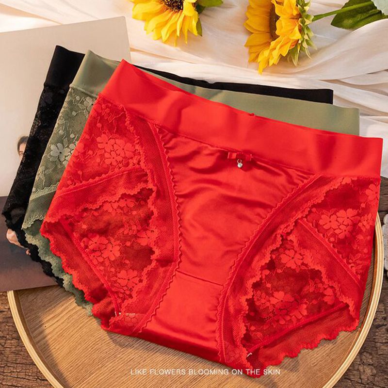 Benmingnian Red Abdominal Panties Women's Traceless High Waist Lace Edge plus size Women's Pure Desire Style Ice Silk Triangle Shorts