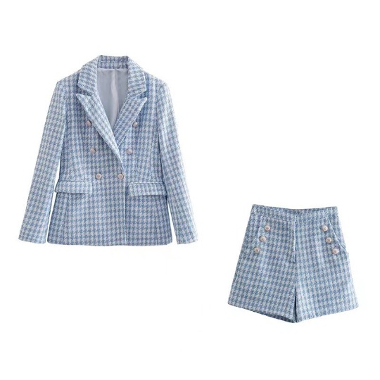 Cross-Border Export Women's European and American Style 2023 Spring New Houndstooth Double-Breasted Suit + Button-Up Shorts Set