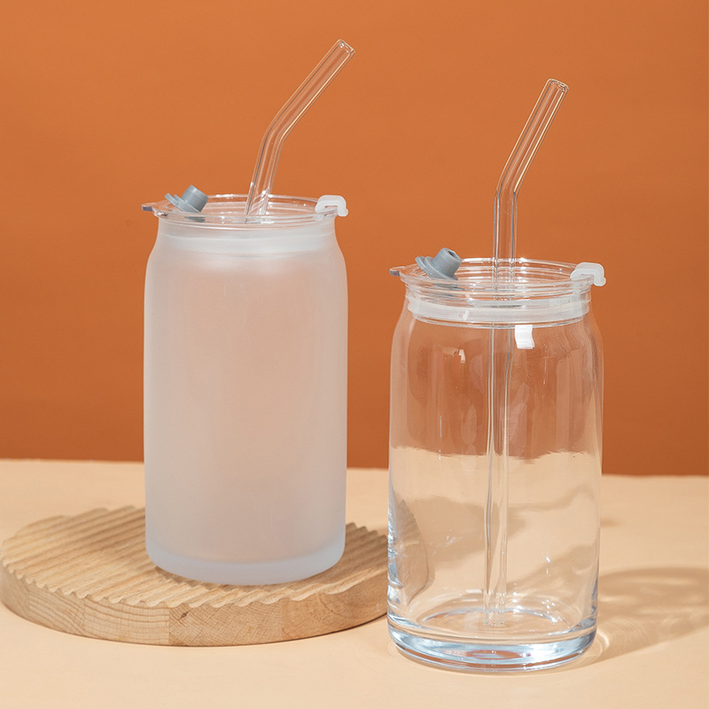New Plastic Lid Thick-Soled Transparent Frosted Cup Kitchen Sodium Calcium Glass Bamboo Lid Libby Cup 16oz Glass Straw Cup