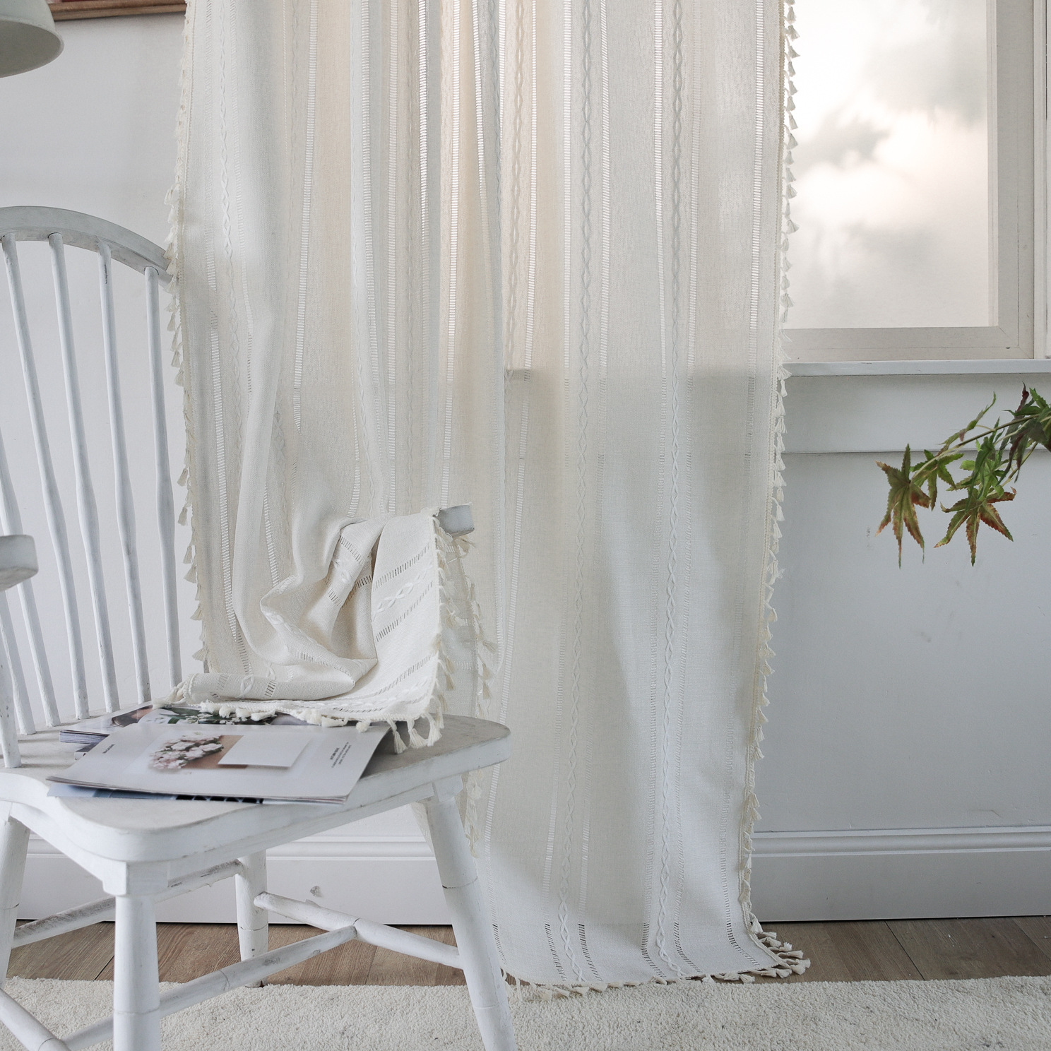 Picture of Cross-border Amazon best selling milk White Hollow embroidery translucent kitchen soundproof living room floating curtain finished wholesale