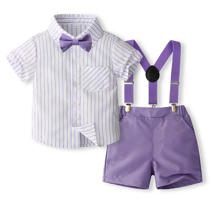 2025 Boys' New Summer Suit British Style Stripesd Shirt Gentleman's Dress Three-Piece Set Source Manufacturer Wholesale