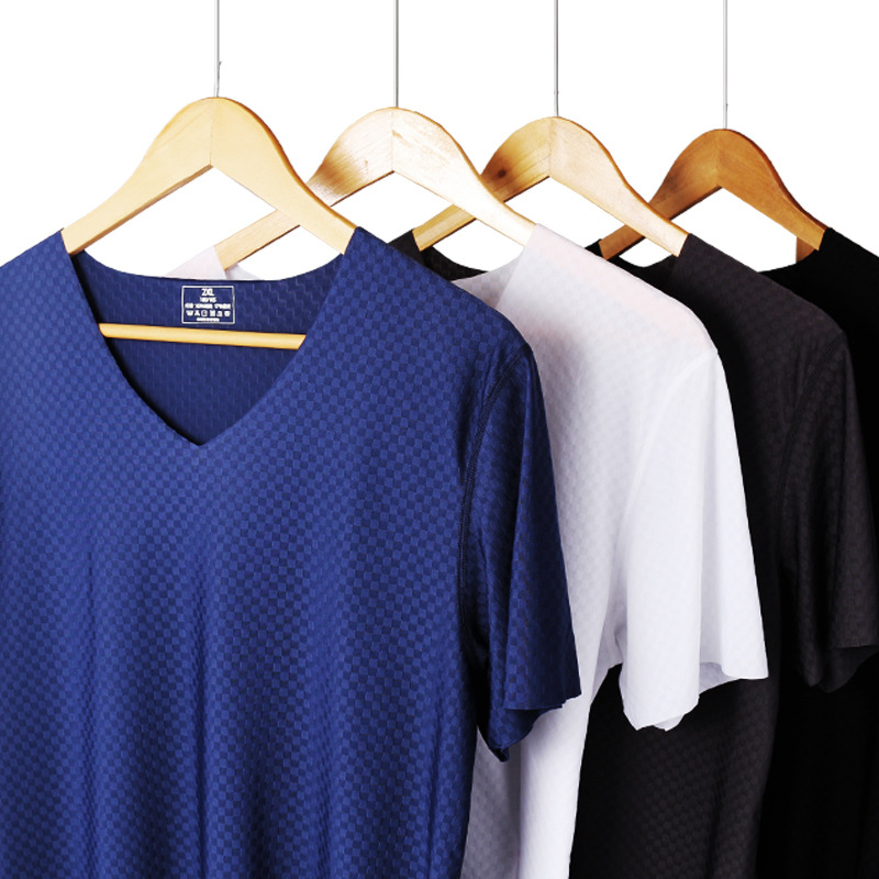 Ice Silk Traceless Short-sleeved T-shirt Men's V-neck Summer Stretch Thin Slim-fit Top Quick-drying Mesh Sports Half-sleeved T-shirt