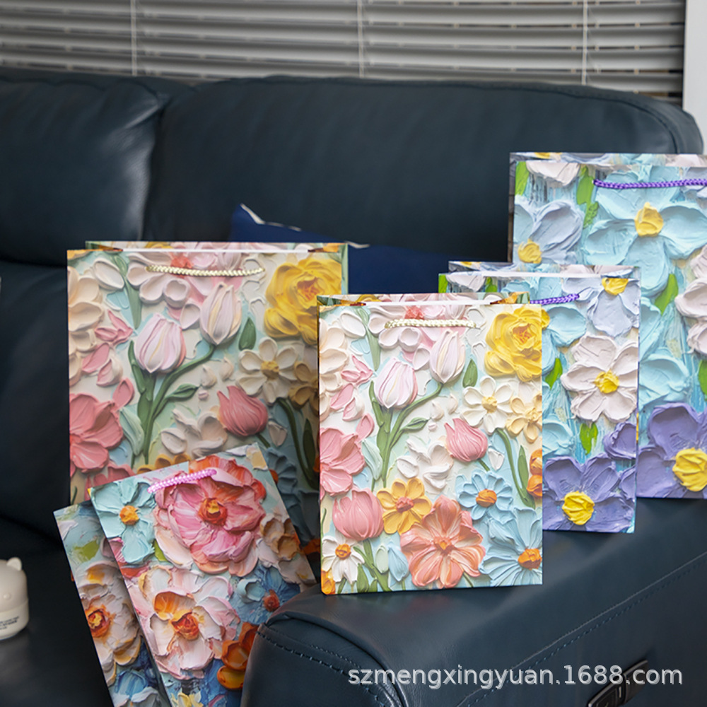 Creative Oil Painting Gift Bag Portable Paper Bag Birthday Holiday Gift Bag Valentine's Day Gift Bag Flower Bundle Paper Bag