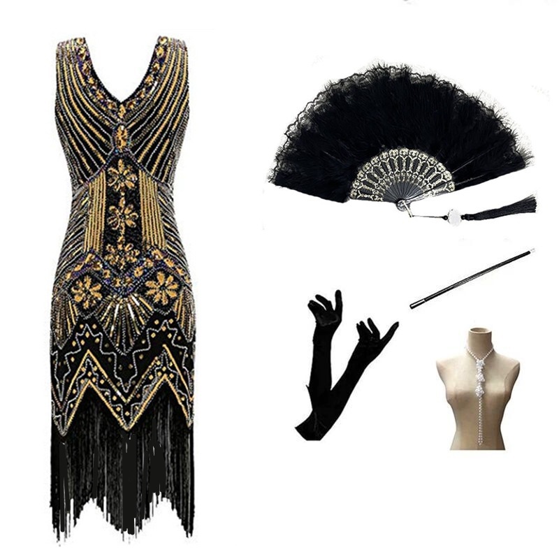 1920S Retro Sequin Beaded Dress Cross-Border Popular Front and Back Deep V-Neck Fashion Trendy Tassel Evening Dress