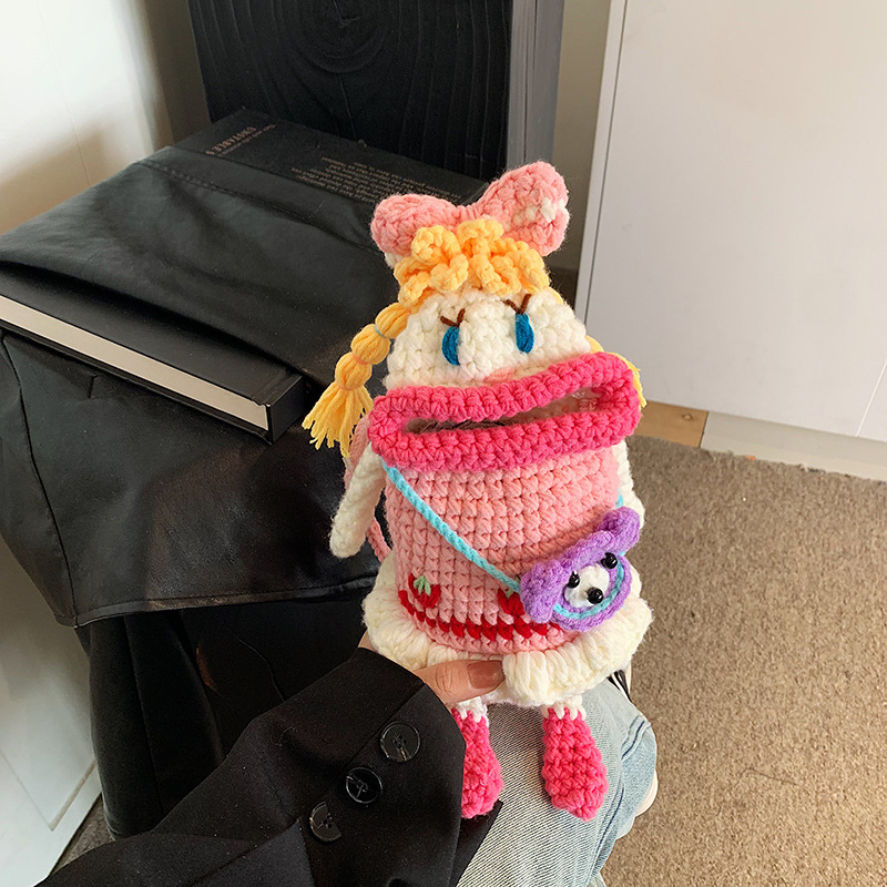 Picture of 2024 Big Mouth Mobile Phone Bag Handmade Woven Bag Crochet Wool Bag Creative Cute Bow Girl Satchel