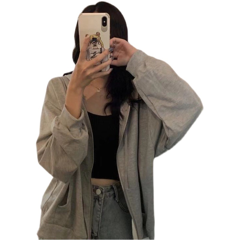 Super popular cec short sweater women's spring and autumn zipper hooded thin cardigan coat Korean style ins fashion loose top clothes