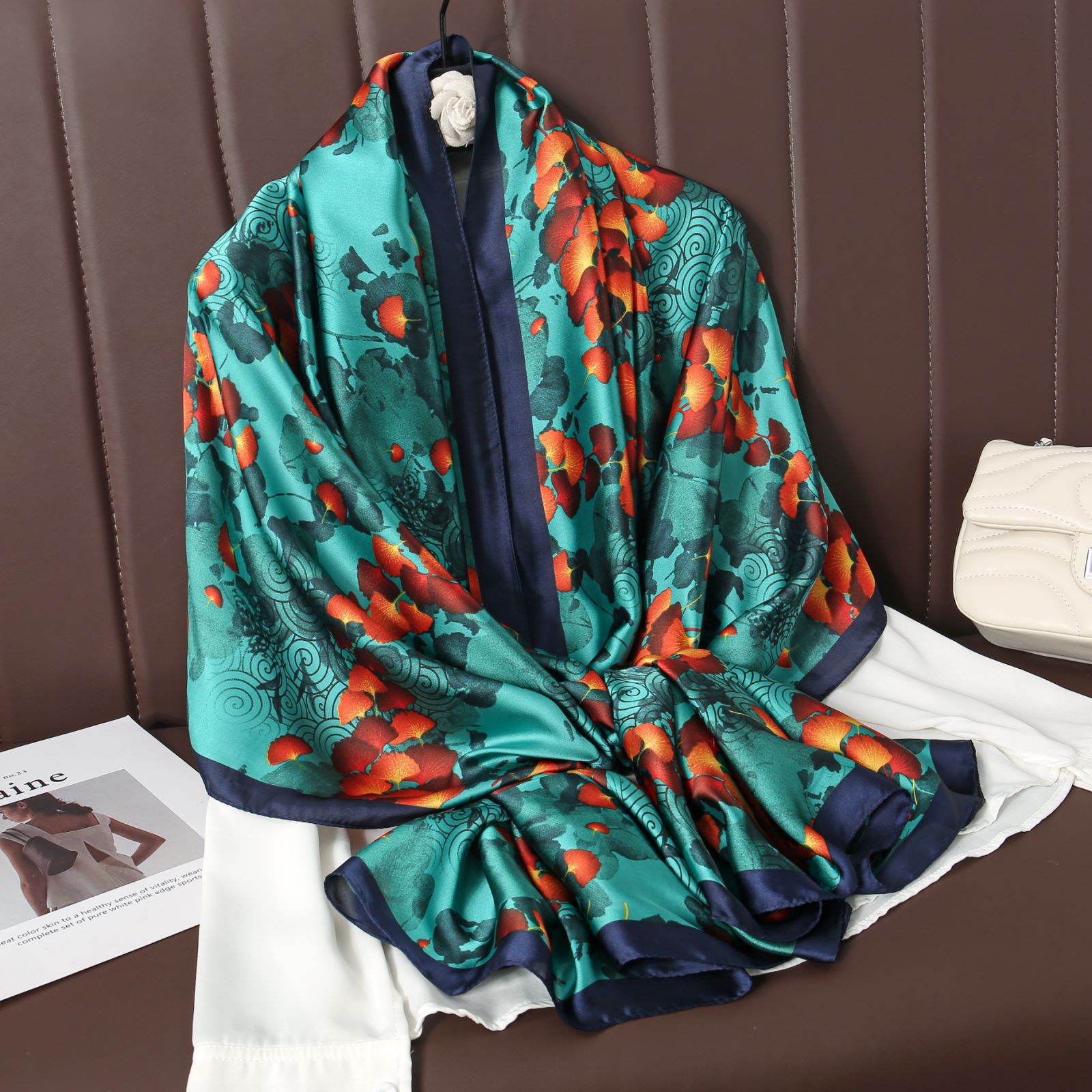 Fashionable elegant bright silk scarf women's thin soft artificial silk scarf large size sunscreen shawl TikTok live delivery