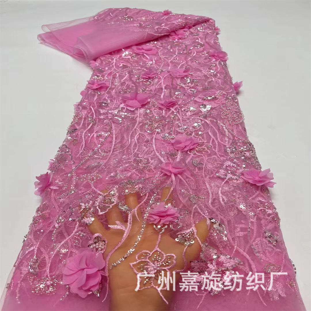 Pink Bubble Beads Sequins Lace Mesh Fabric Stereo Chiffon Flower Bead Tube Wedding Dress dress Clothing Fabric