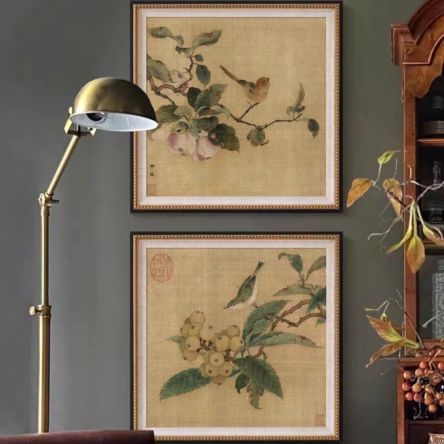 French Retro Chinese Style Flower and Bird Hanging Painting New Chinese Style Living Room Entrance Restaurant Decorative Painting Study Bedroom Mural Painting