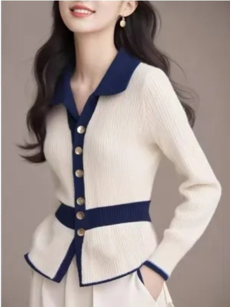 Chanel Style Lapel Long-sleeved Knitwear Women's Winter Wear Design Sense Contrast Waist Slimming Top Elegant Coat