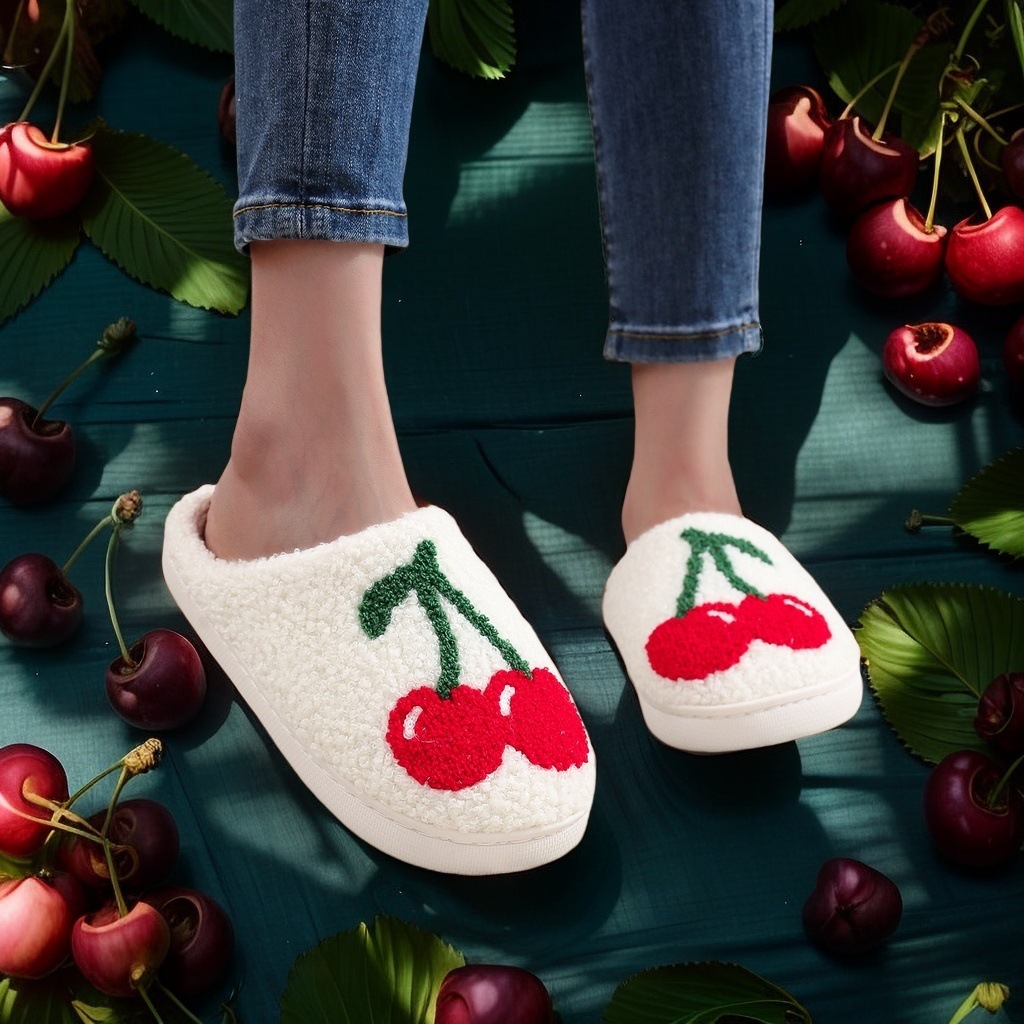 New fruit embroidery pattern big cherry cotton slippers women autumn and winter comfortable home couple wool slippers wholesale