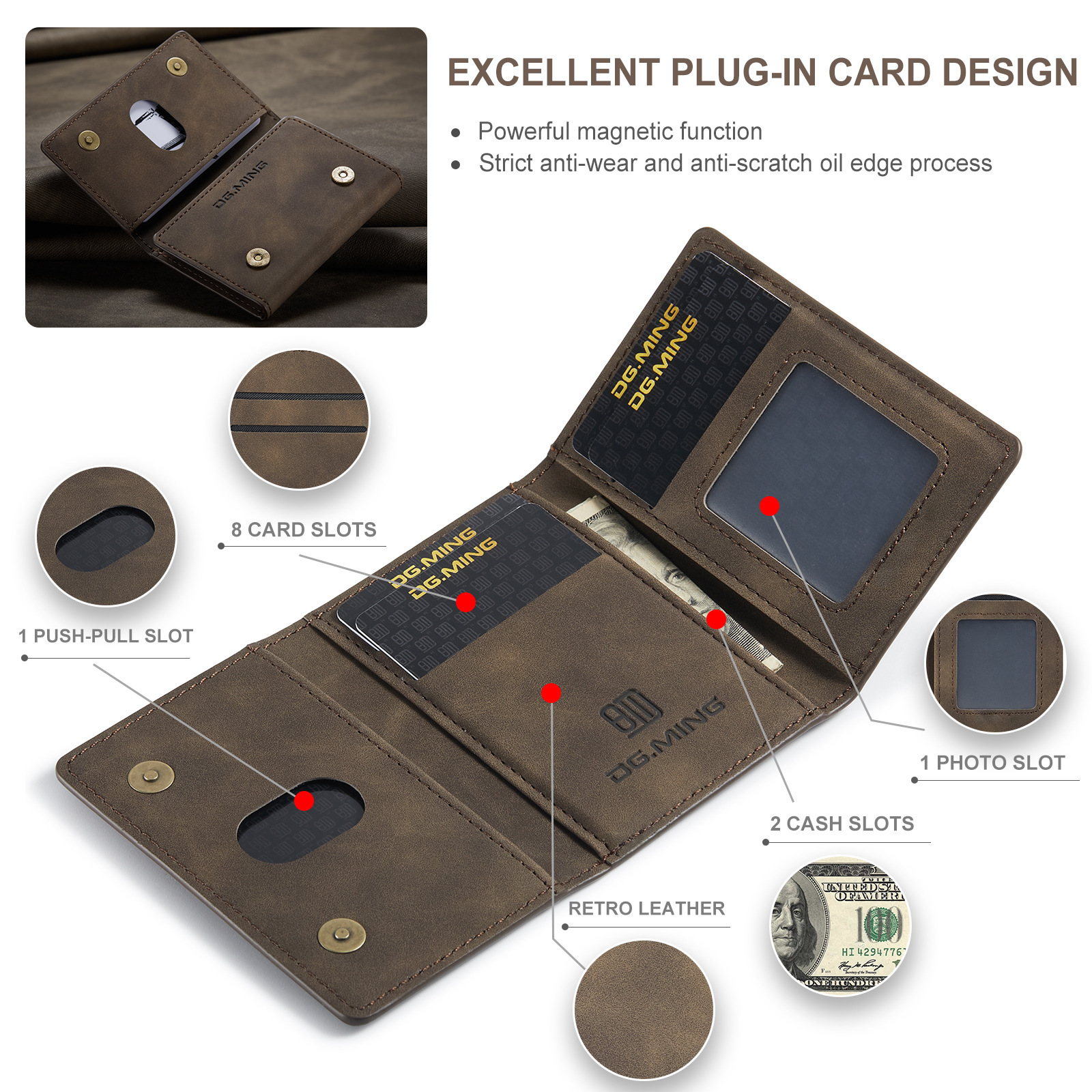 Picture of DG.MING brown three-fold card case card case high-grade retro PU card case leather case multi-functional magnetic small card case