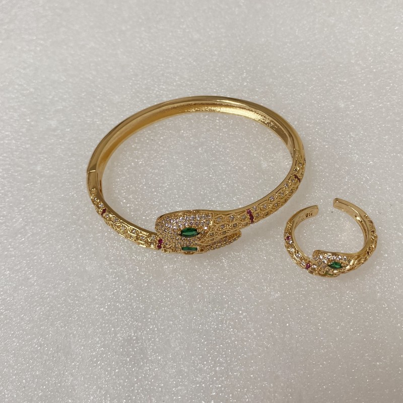 Snake-Shaped Jewelry Set Hong Kong-Style Jewelry European and American Cross-Border Full Diamond Zircon Bracelet Ring European and American Fashion Personality Heavy Craftsmanship