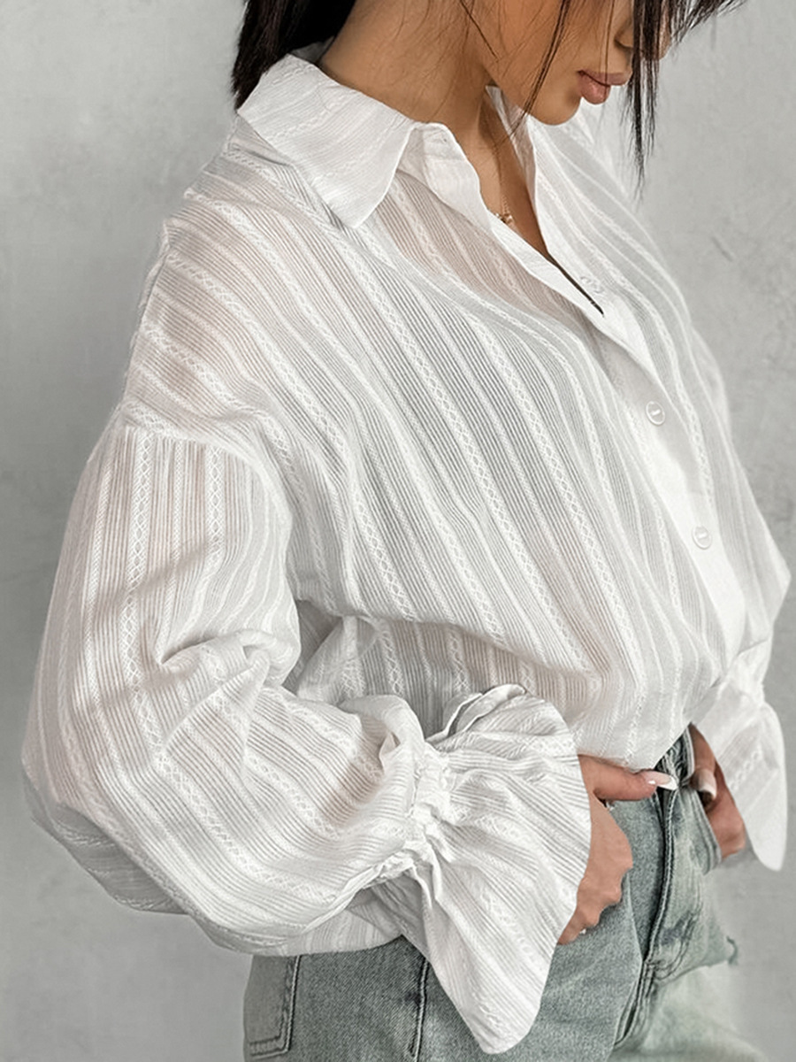 Picture of French Jacquard Pure Cotton Lapel Shirt 2025 Autum Work Clothing Loose Inner Bell Sleeve White Shirt Export Women's Clothing