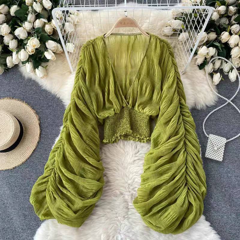 2025 New Korean Style Pleated Short Puff Sleeve Chiffon Shirt Summer Versatile Outer Collar Temperament Short Top