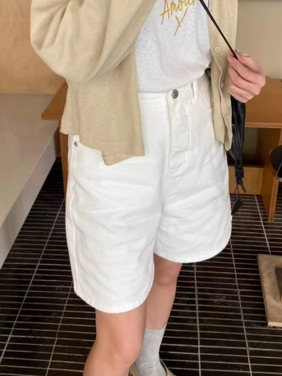 Sweet Cool Style Five-Point Denim Shorts for Women Summer Thin 2025 New High-Waist Slim Loose Straight Mid-Pants White