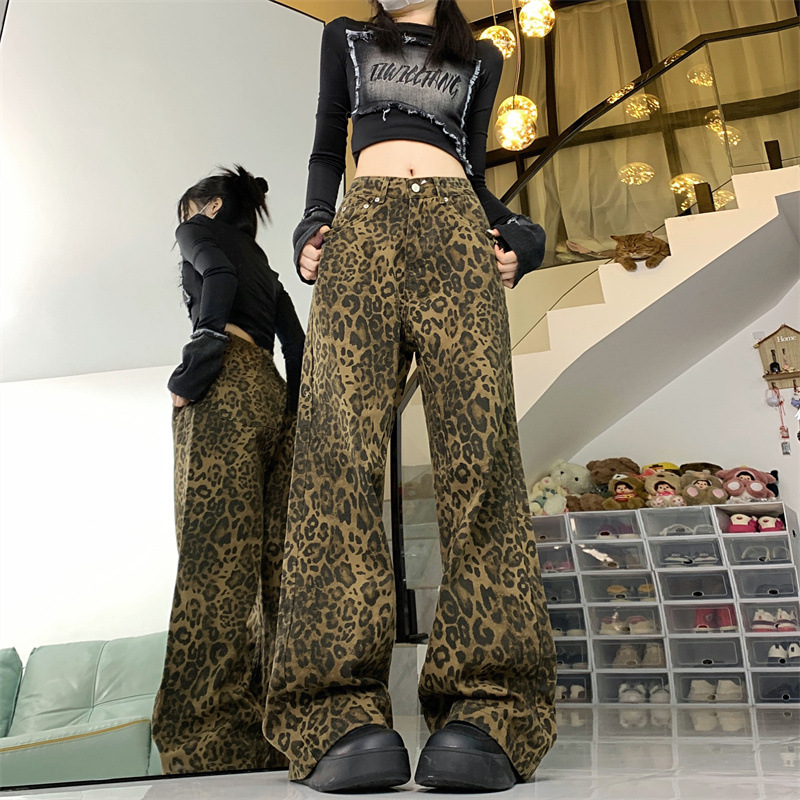 Jeans Men and Women 2024 Spring New American Retro Leopard Print Pants High-end Sense Loose Straight Wide-leg Trendy Pants