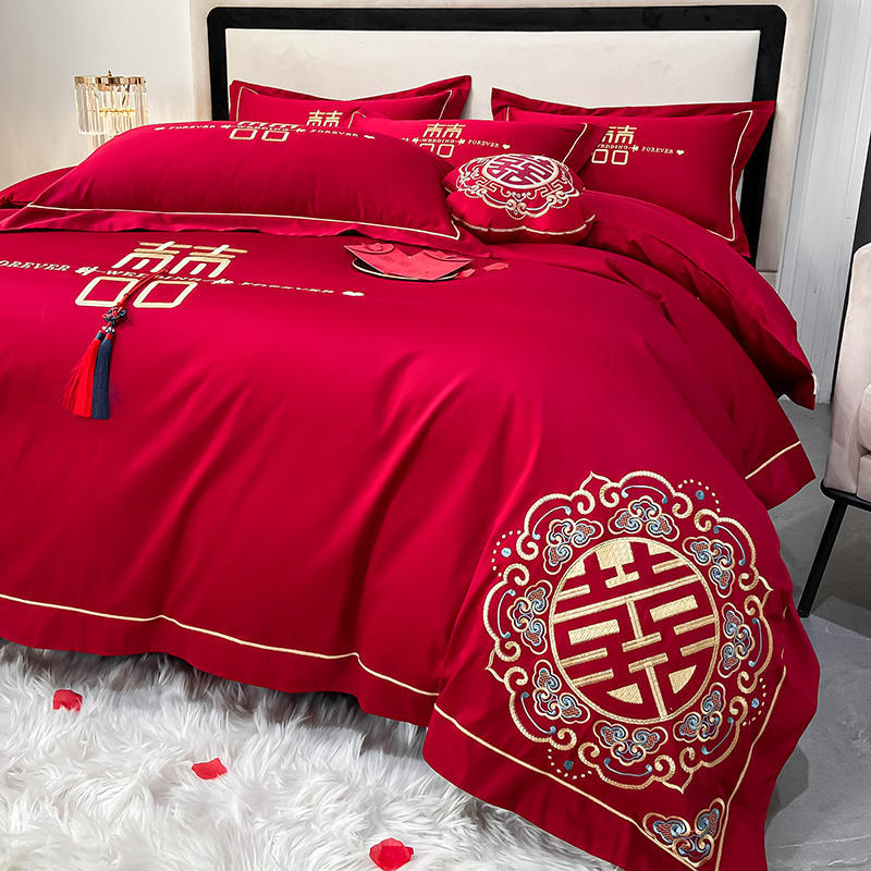 Picture of High-end European-style Wedding Four-piece Cotton Big Red Embroidered Sanding Quilt Cover Wedding Bedding Accompanying Wedding Room