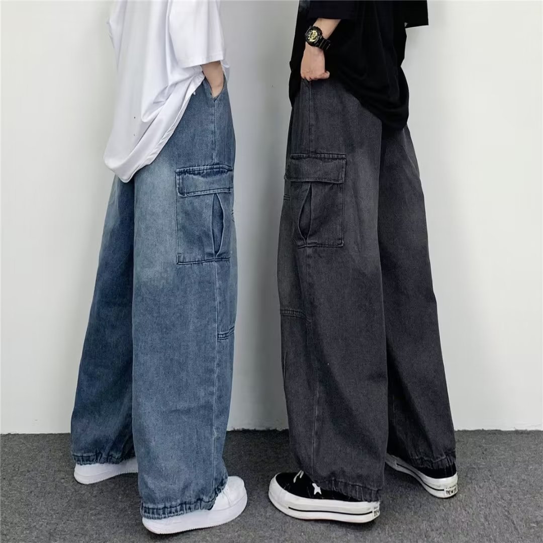 2023 Cross-border Source Ins Japanese Street Retro Dressing Loose Wide Leg Casual Large Pocket Tooling Jeans