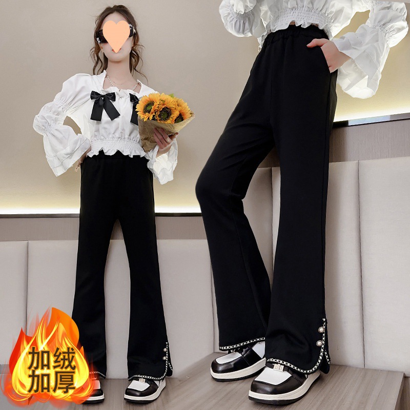 Girls' Fleece-Lit Pants Autumn and Winter 2024 New Children's Flared Pants Black Winter Middle and Big Children's Fashionable Slip Pants