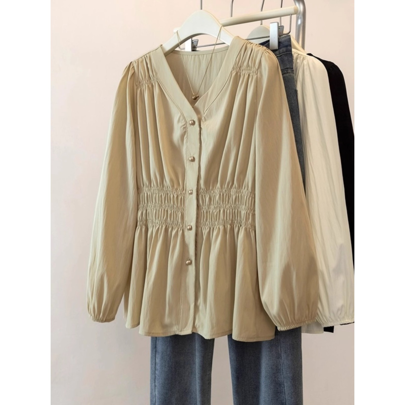 Casual V-neck Pleated Waist Single-breasted Shirt Women's Spring plus size Fat Sister Western Style Slimming Shirt A3296