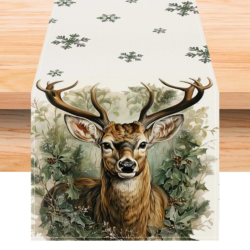 New Reindeer Printed Table Runner Christmas Snowflake Linen Tablecloth Holiday Decorative Table Cloth Mat Tea Flag Cross-border Wholesale
