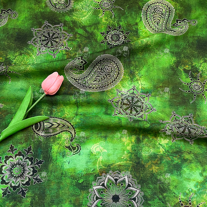 Green shadow cashew nut flower digital printed fabric brocade cotton fabric new Chinese cheongsam dress top Hanfu fabric