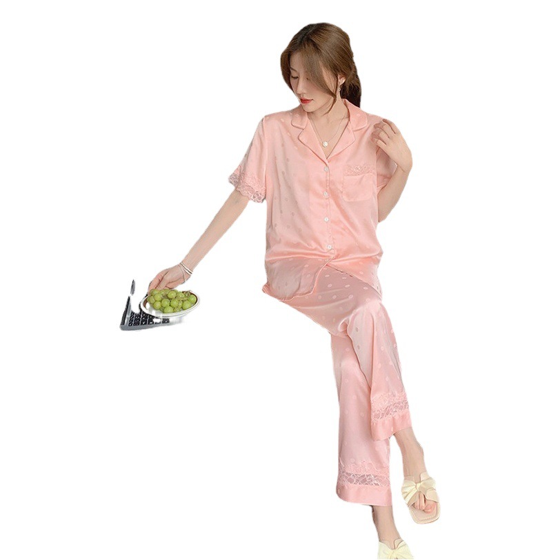 Imitation silk slimming age-reducing pajamas women's pink polo lace short sleeve trousers home clothing two-piece wholesale