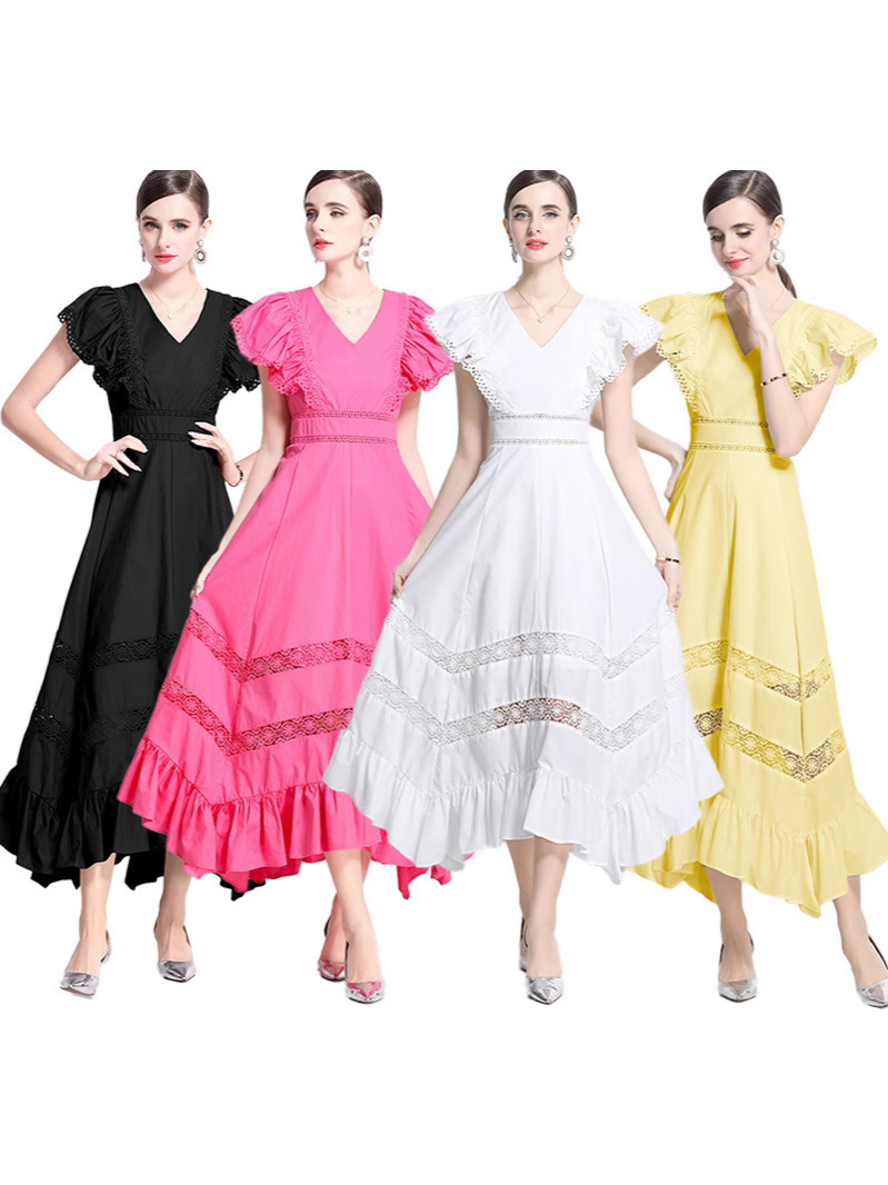European and American holiday style dress V-neck flying sleeve hollow lace stitching dress