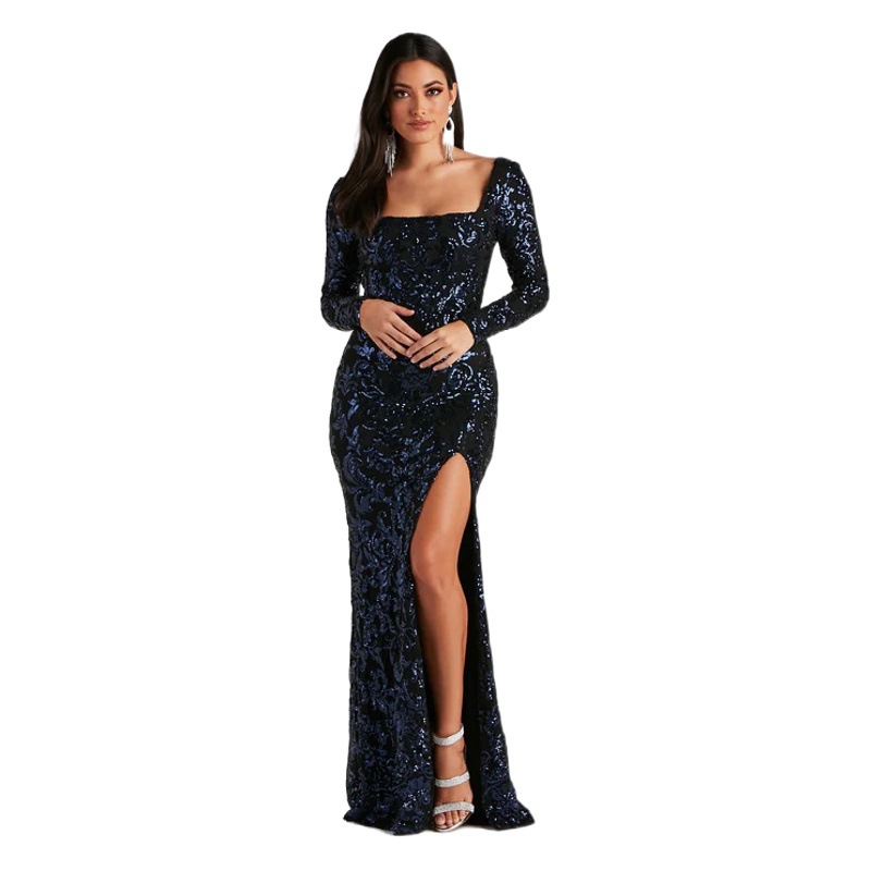 Cross-border new European and American fashion slim dress sexy long sleeve sequined dress