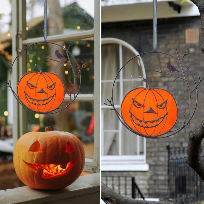 Cross Border Hot Sale Colorful Pumpkin Crow Halloween Window Hanging Decoration Gothic Crow Pumpkin Pendant Decoration