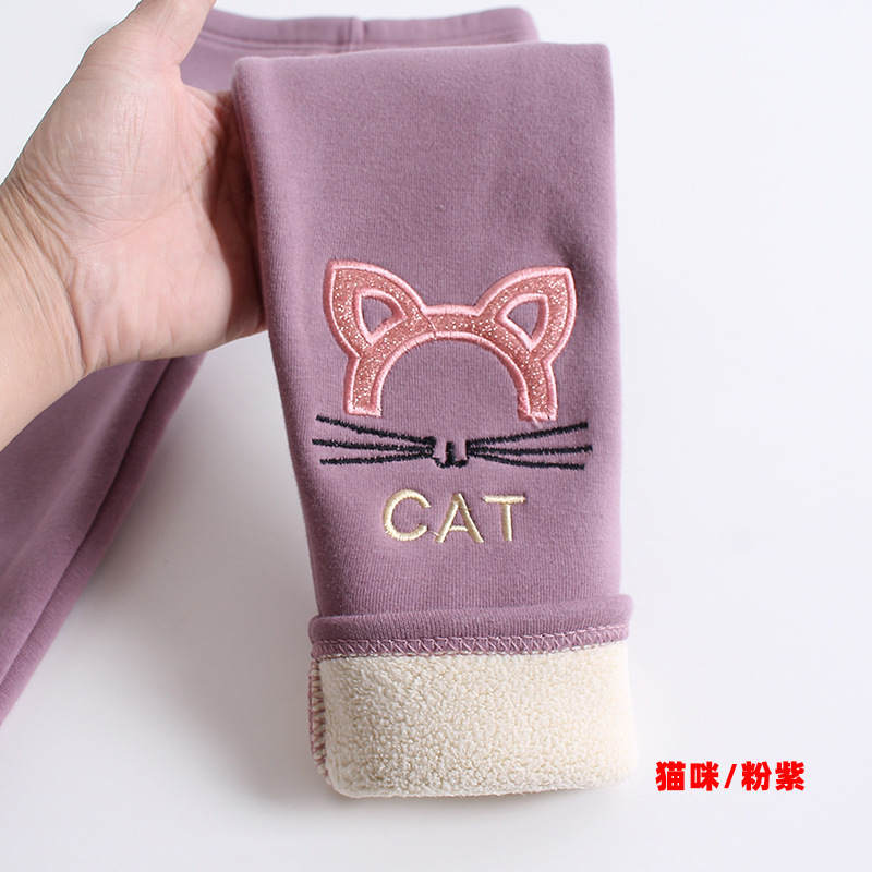 Picture of Winter Girls' Fleece-Lined Pure Cotton Children's Autumn and Winter Pants with Cartoon Bunny Embroidery, Thickened and Warm Baby Trousers