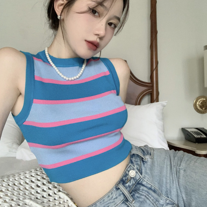Knitted Sweater for Women, Striped, Summer Thin, Sweet and Spicy Style, Slim Fit, Outerwear, Inner Layer, Base Shirt, Top, Sleeveless Vest for Girls