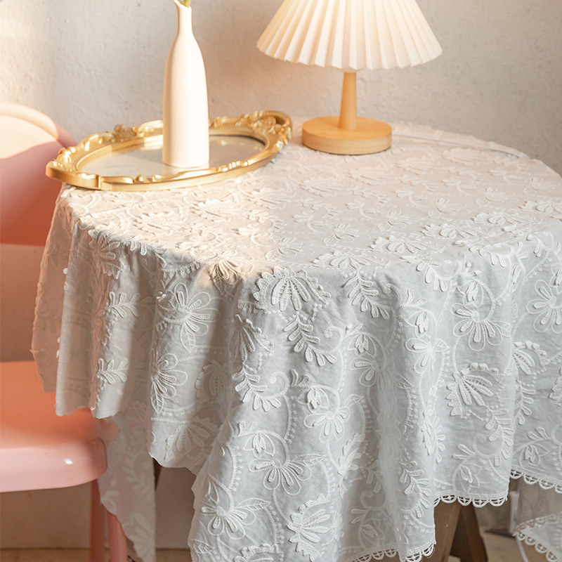 120cm White Bilateral Floating Flower Embroidered Cotton Full Lace Fabric Dustproof Lace Tablecloth DIY Fabric Accessories