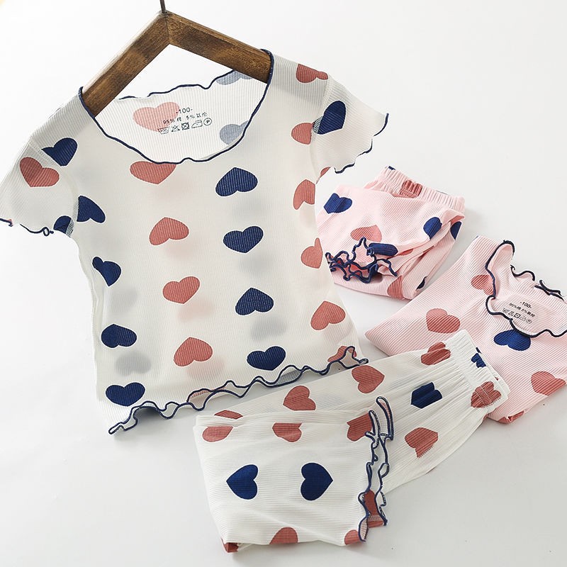 Ice Silk Spiral Fabric Pajamas Summer Thin Love Western Girl's Summer Two-piece Home Clothes Air-conditioning Clothes