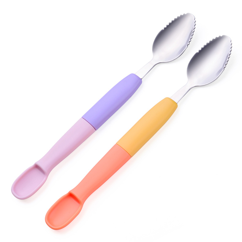 Picture of Factory direct children's fruit scraping spoon double stainless steel scraping spoon silicone spoon baby fruit scraping spoon