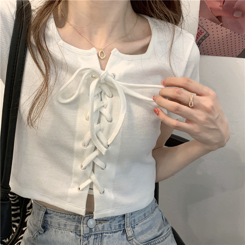 Hot Girls Short Short-sleeved T-shirt Women's Summer Design Niche Strap Tight Slimming High Waist White Top Ins Trendy