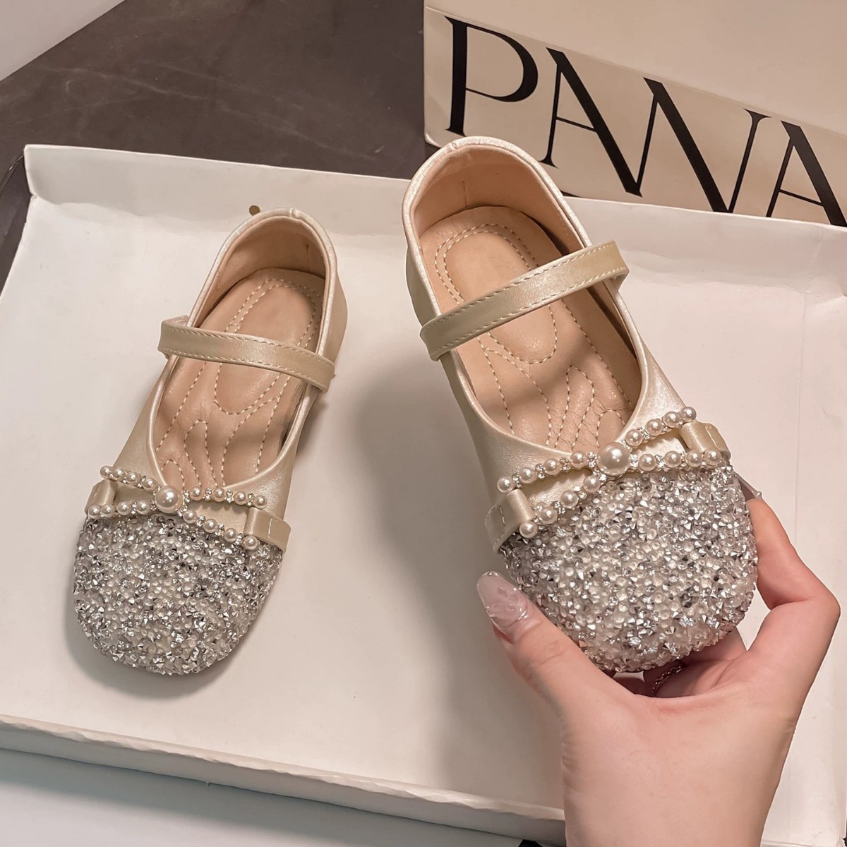Princess Shoes Girls' Single-layer Shoes 2025 Spring and Autumn New Bow Pearl Children's Soft-soled Leather Shoes Baby Crystal Shoes