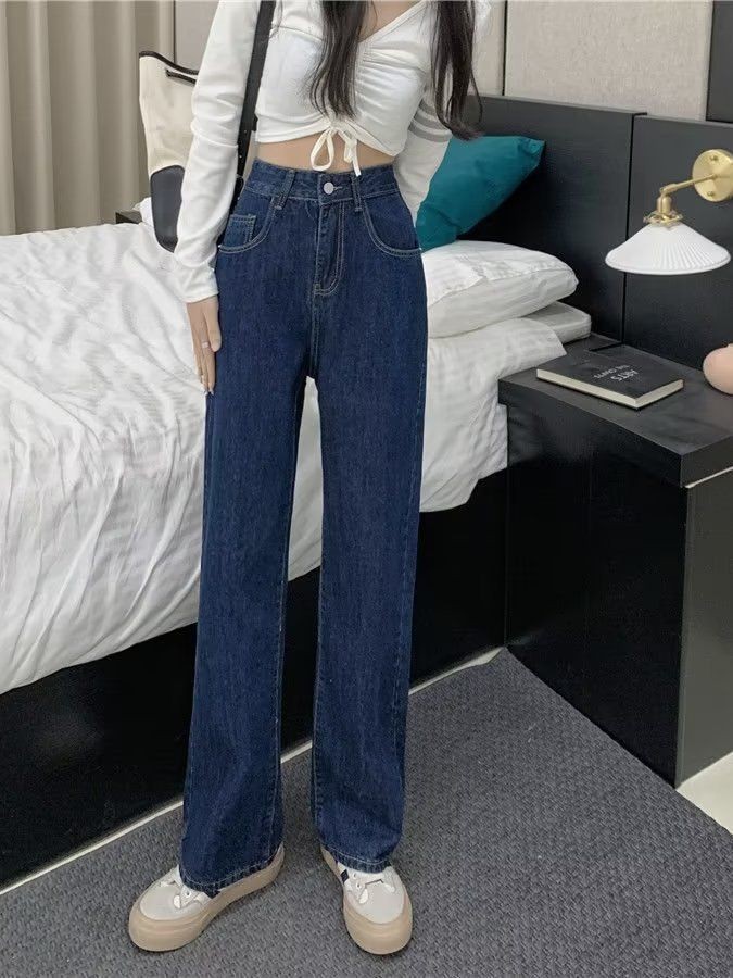 Dark blue high waist straight jeans Women's Spring and Autumn design sense niche three-button slimming wide leg mopping trousers