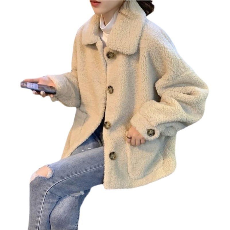 Imitation Lamb Wool Jacket Cotton-padded Coat Women's Trendy ins Hong Kong-style Loose All-match Small Size Fleece-lined Thickened Single-breasted Jacket