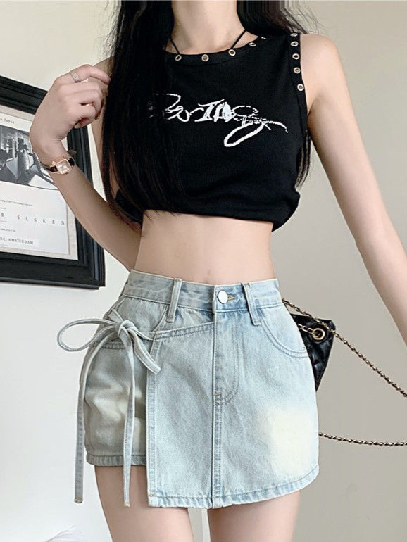 Hot Girl's Distressed Lace-Up Denim Shorts Skirt Paired with 2025 Spring and Summer New High-Waist Design A-Line Hip-Hugging Hot Pants