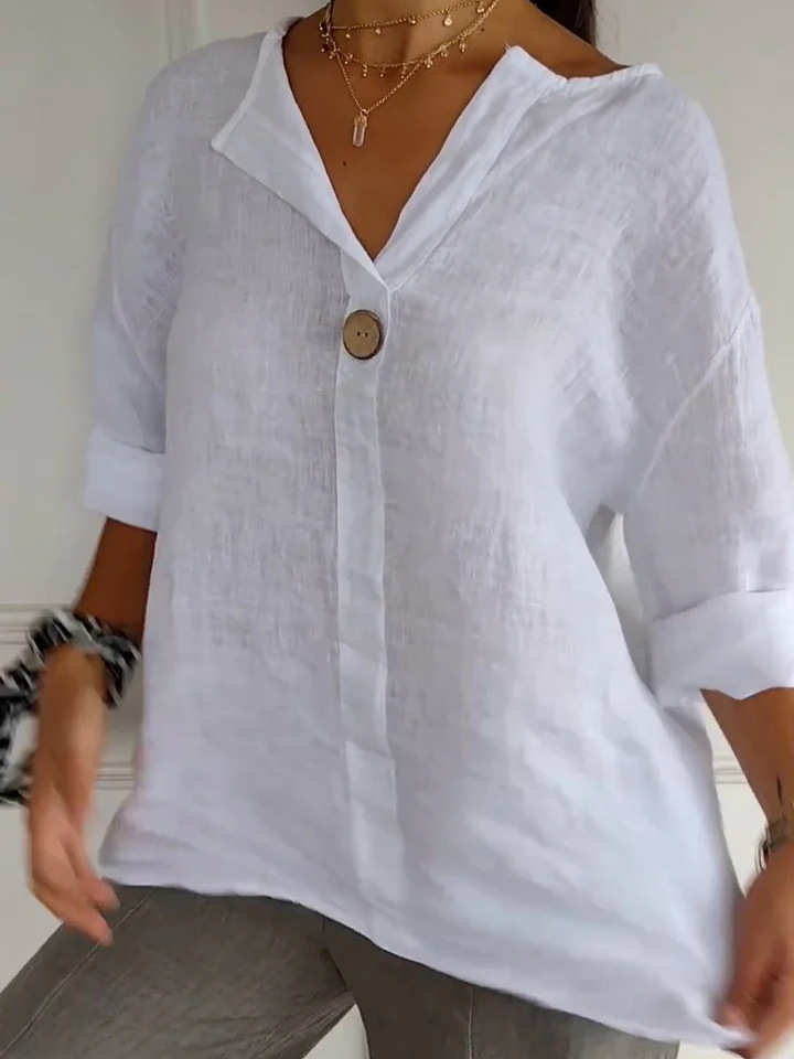 Amazon 2025 Cross-border European and American Summer New Loose T-shirt Women's V-neck Cotton and Linen Button Top