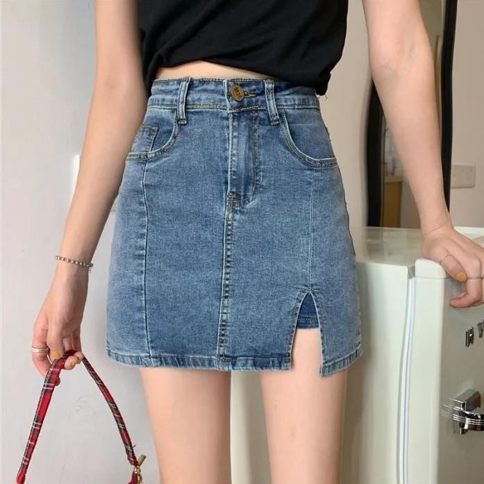 Spring and Summer 2024 New Anti-glare Denim Bust Skirt High Waist Elastic Slim A- line Split Hip Skirt