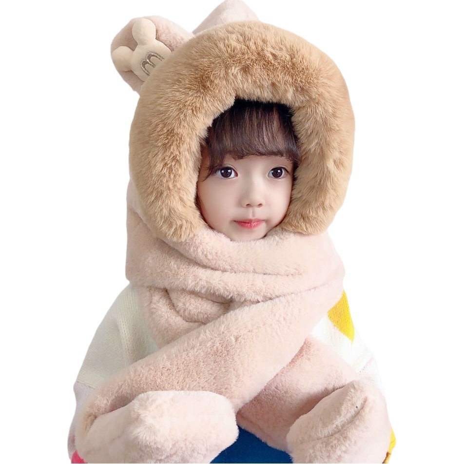 Children's Hat, Scarf and Gloves Three-Piece Set Winter Velvet Thickeneded Girls' One-Piece Hat for Boys and Older Kidsren Warm Windproof Hat