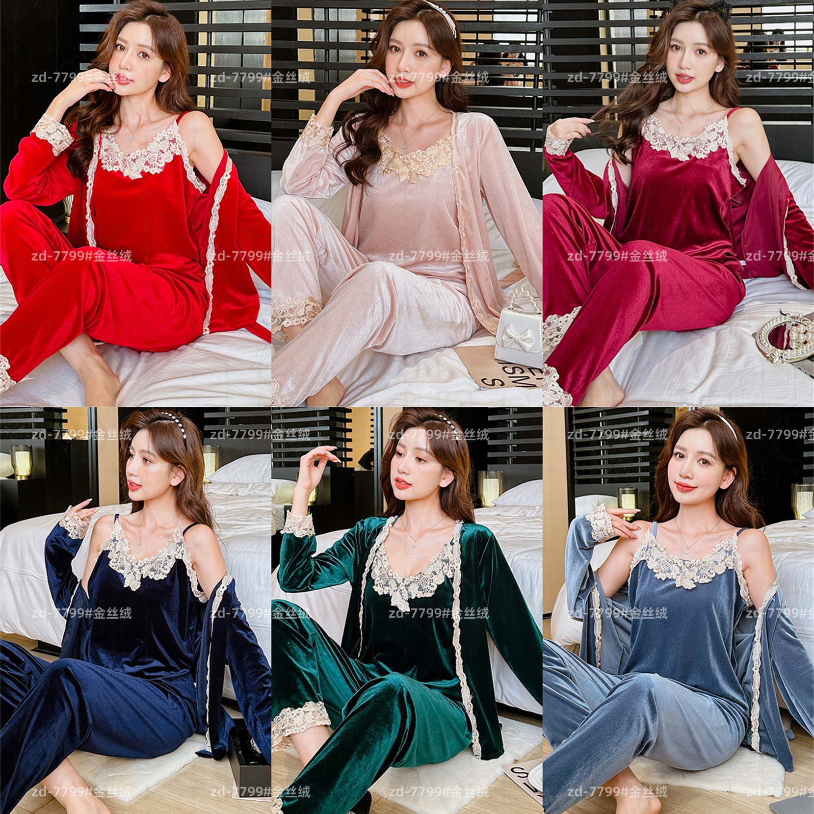 Popular three-piece pajamas women's Korean velvet Winter lace sexy sling suit Korean style gold velvet home wear