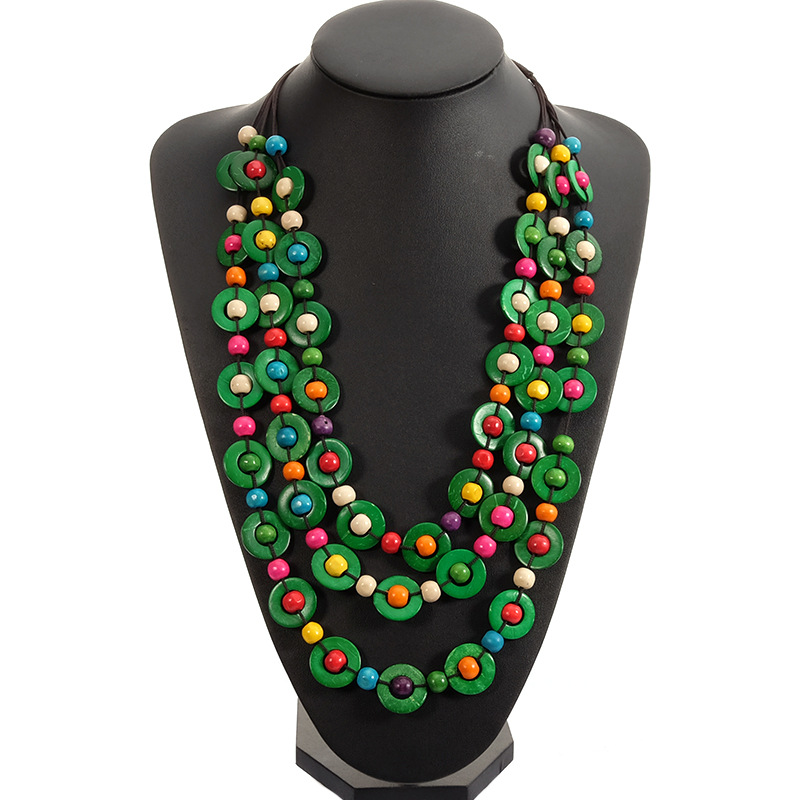 Picture of Bohemian National style necklace coconut shell pendant color multi-layer beads retro woven long necklace women